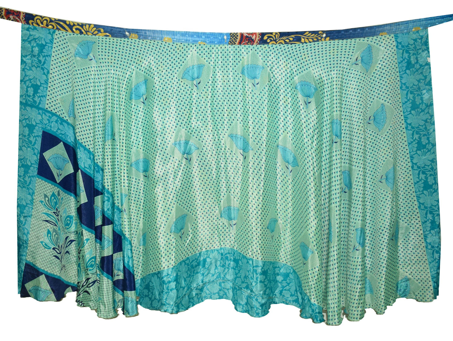 Sushila Vintage Blue Green Silk Saree Magic Wrap Reversible Skirt Beach Dress