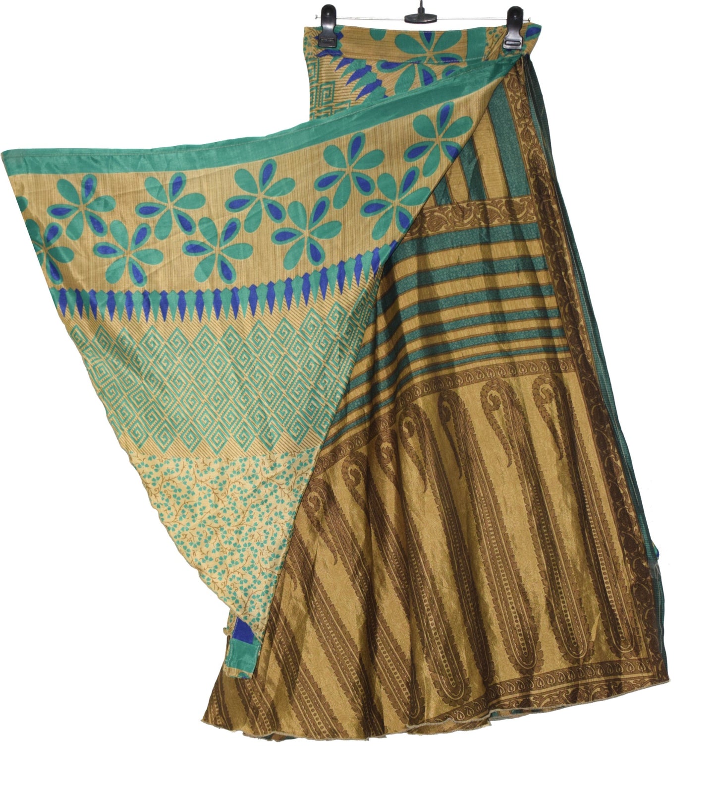 Sushila Vintage Brown Silk Saree Magic Wrap Reversible Skirt Floral Beach Dress