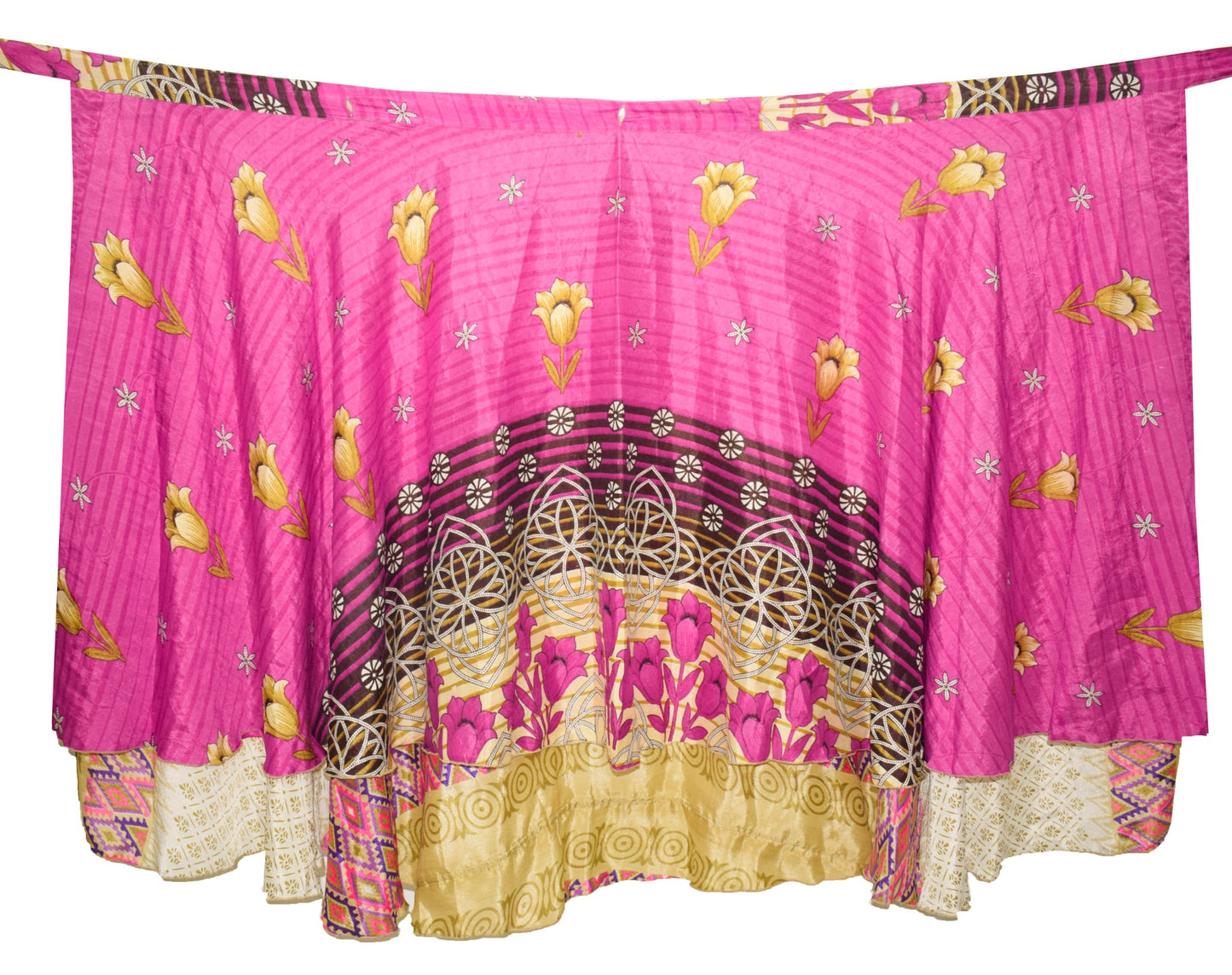 Sushila Vintage Silk Saree Magic Wrap Reversible Skirt Cream Floral Beach Dress