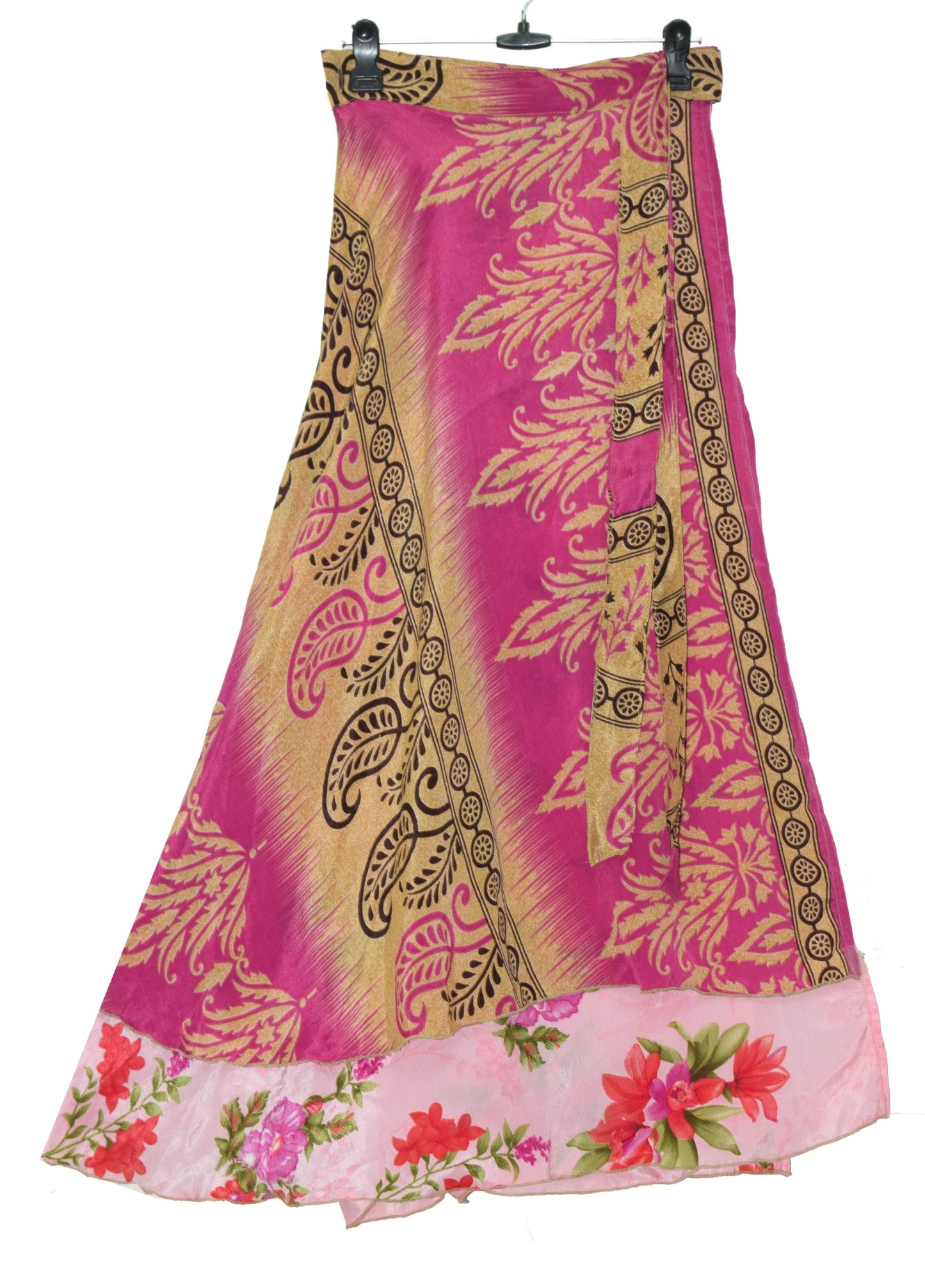 Sushila Vintage Silk Saree Magic Wrap Reversible Skirt Pink Floral Beach Dress