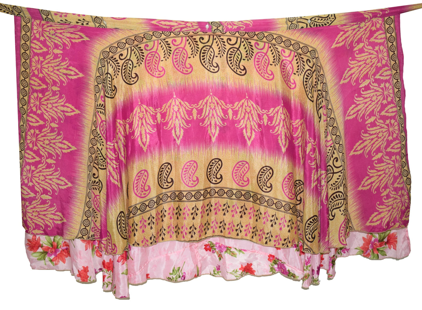 Sushila Vintage Silk Saree Magic Wrap Reversible Skirt Pink Floral Beach Dress