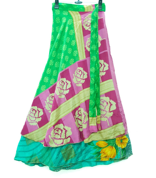 Sushila Vintage Silk Saree Magic Wrap Reversible Skirt Floral Green Beach Dress