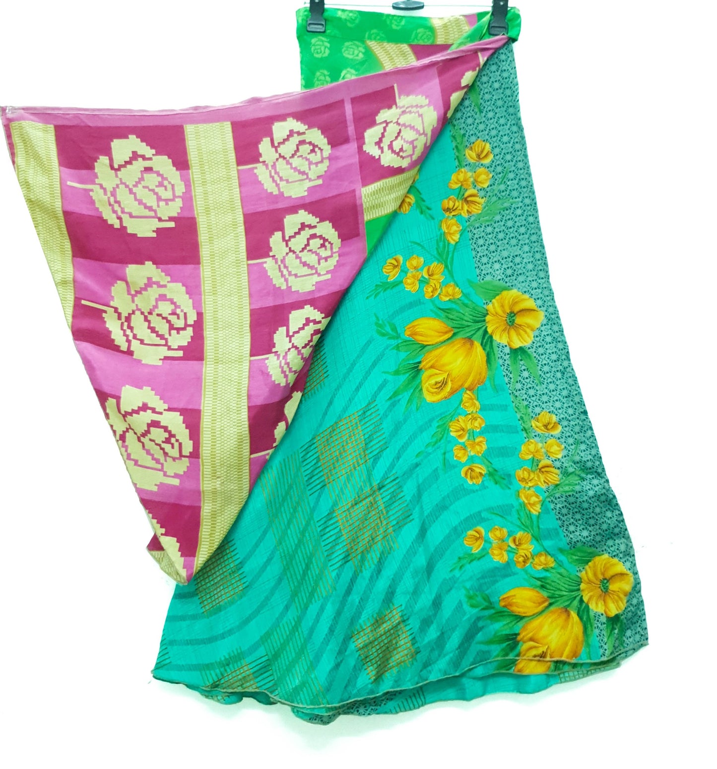 Sushila Vintage Silk Saree Magic Wrap Reversible Skirt Floral Green Beach Dress