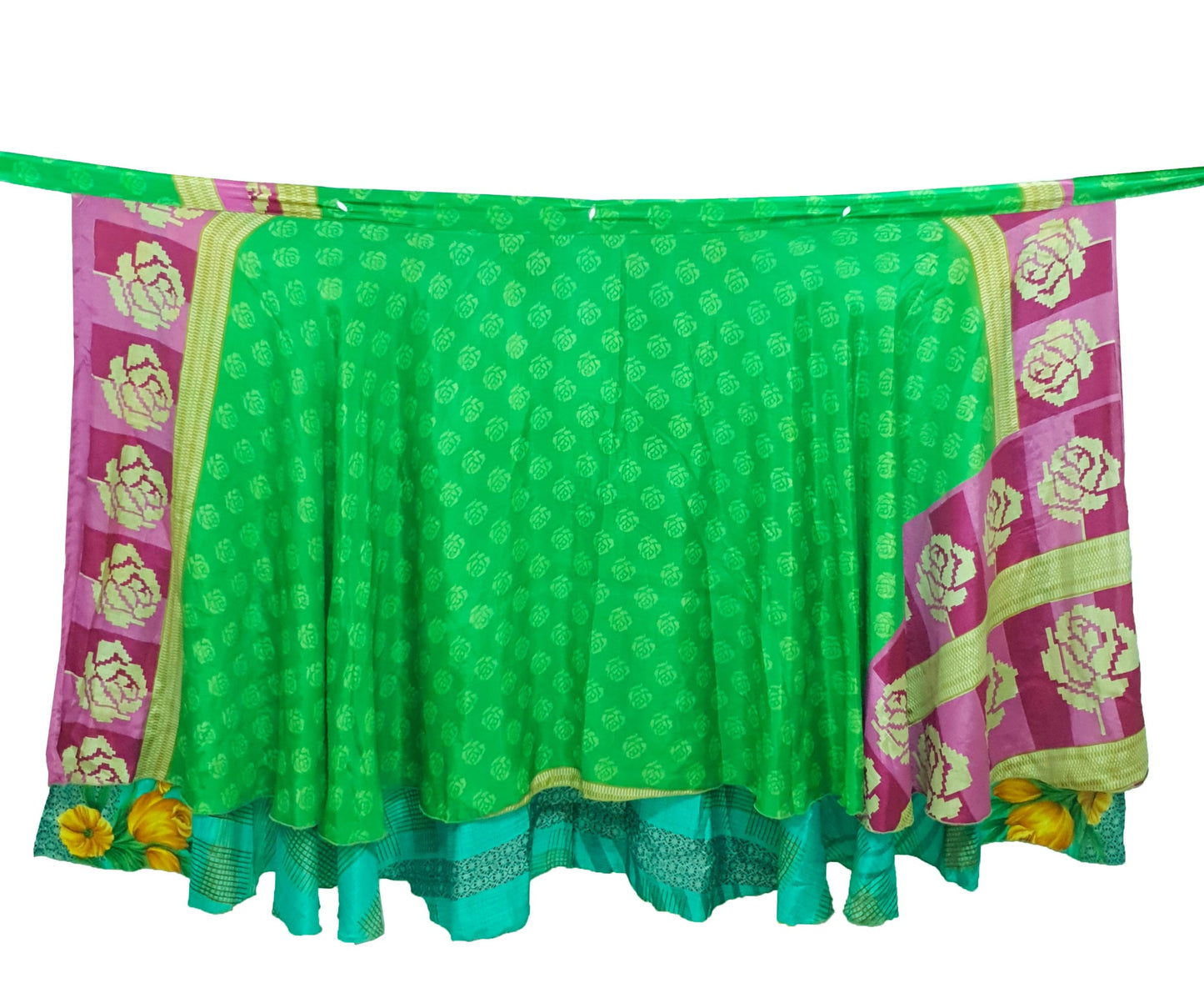 Sushila Vintage Silk Saree Magic Wrap Reversible Skirt Floral Green Beach Dress