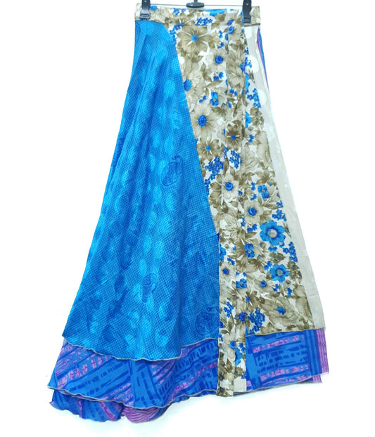 Sushila Vintage Blue Silk Saree Magic Wrap Reversible Skirt 2 Layer Beach Dress