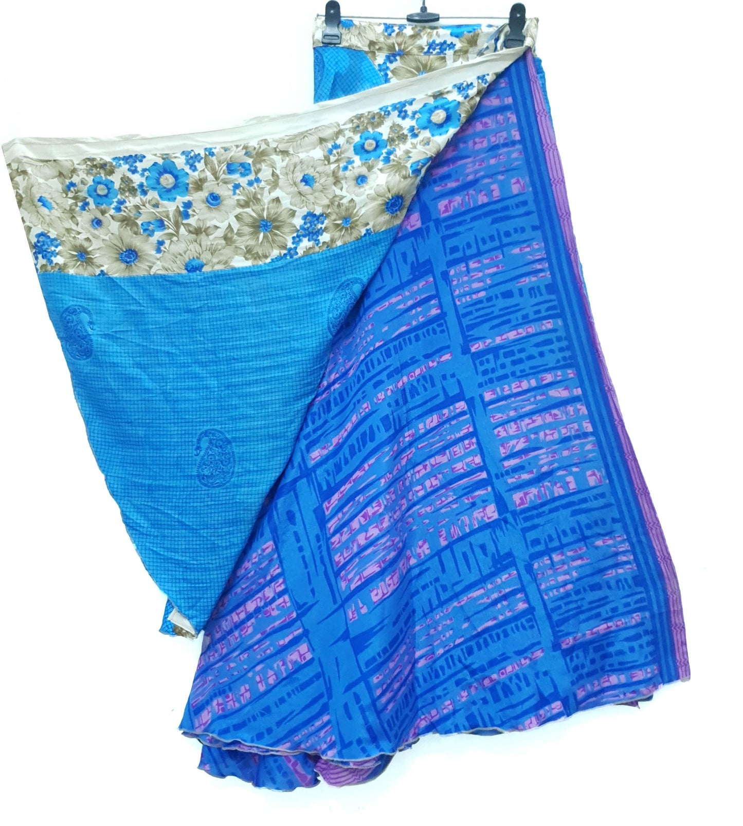 Sushila Vintage Blue Silk Saree Magic Wrap Reversible Skirt 2 Layer Beach Dress