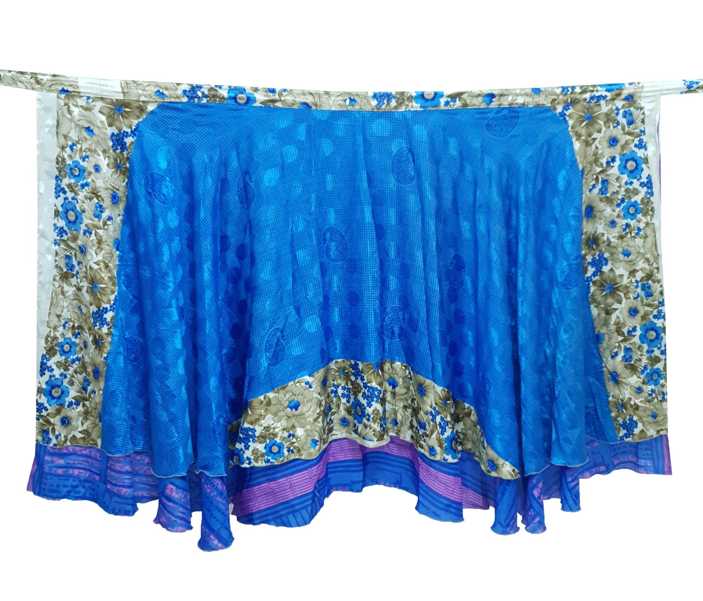 Sushila Vintage Blue Silk Saree Magic Wrap Reversible Skirt 2 Layer Beach Dress