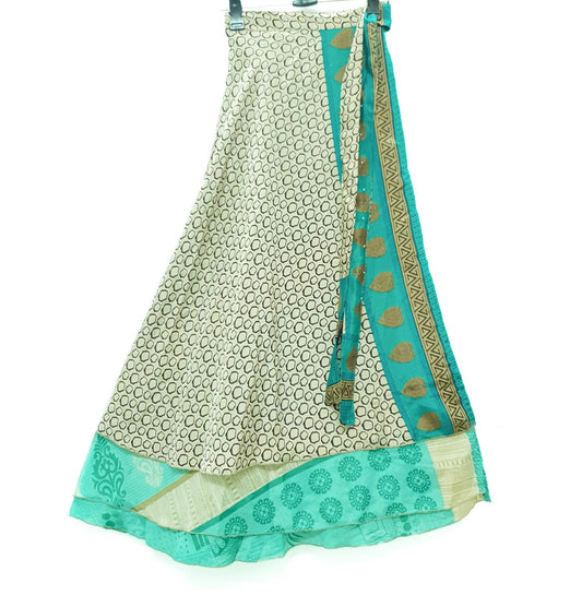 Sushila Vintage Aqua Green Silk Saree Magic Wrap Reversible Skirt Beach Dress