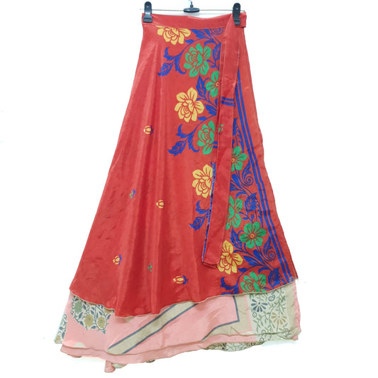 Sushila Vintage Silk Saree Magic Wrap Reversible Skirt Floral Red Beach Dress