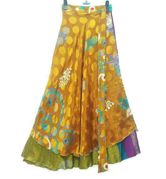 Sushila Vintage Mustard Silk Saree Magic Wrap Reversible Skirt Beach Dress Boho