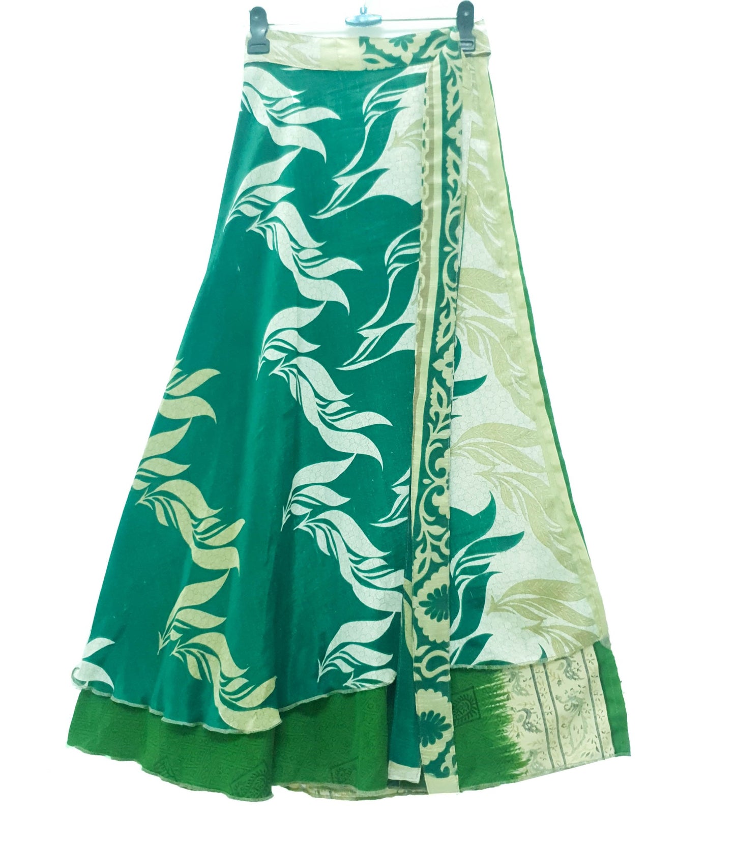 Sushila Vintage Silk Saree Magic Wrap Reversible Skirt Floral Green Beach Dress