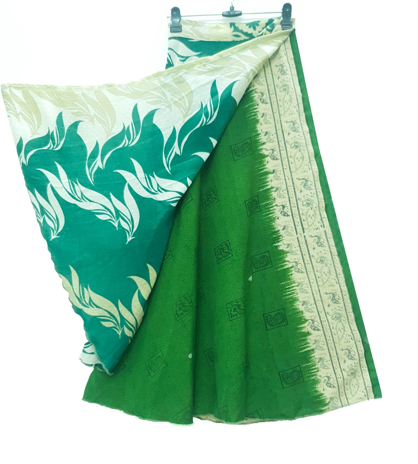 Sushila Vintage Silk Saree Magic Wrap Reversible Skirt Floral Green Beach Dress