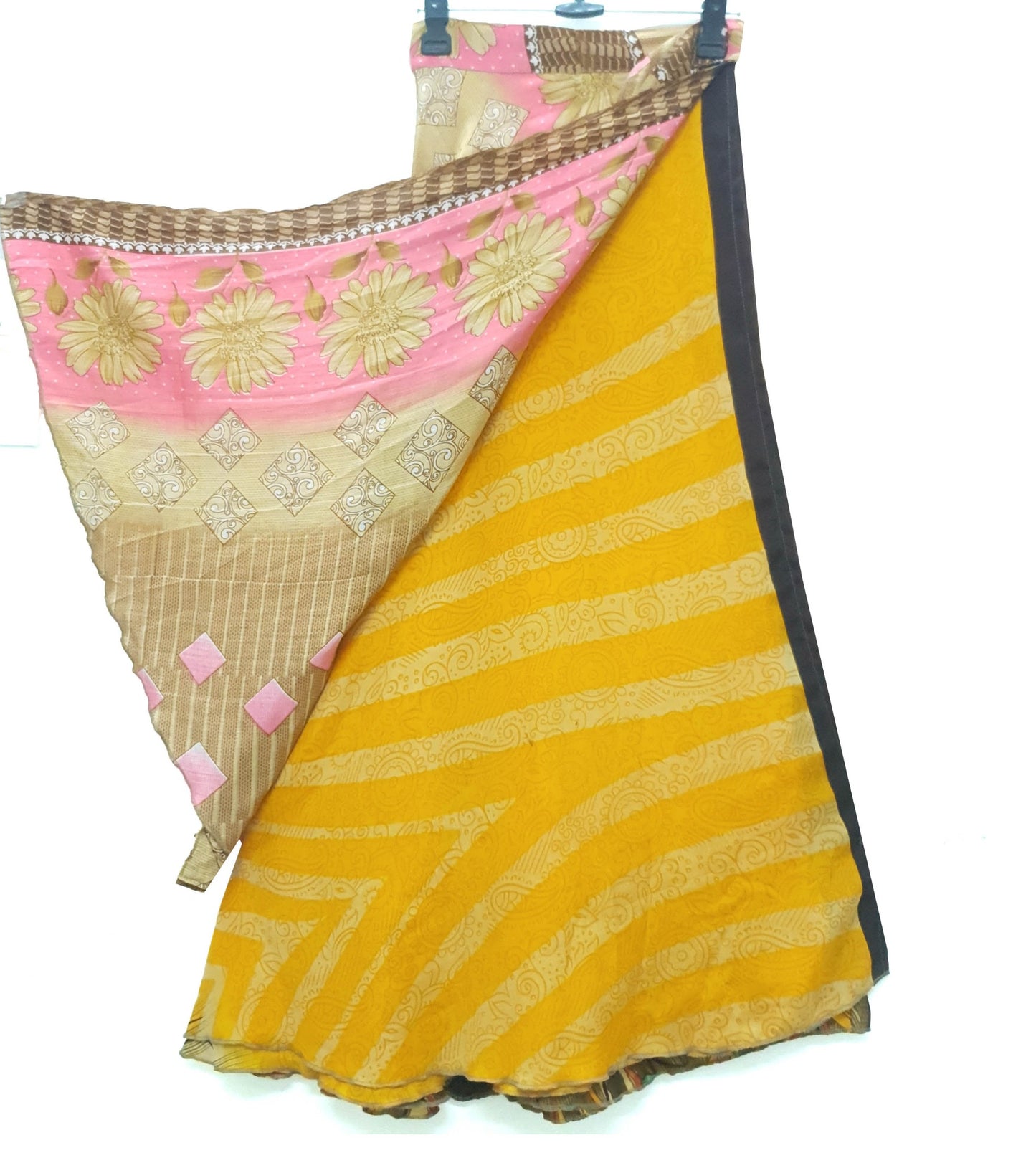 Sushila Vtg Floral Yellow Silk Saree Magic Wrap Reversible Skirt Beach Dress