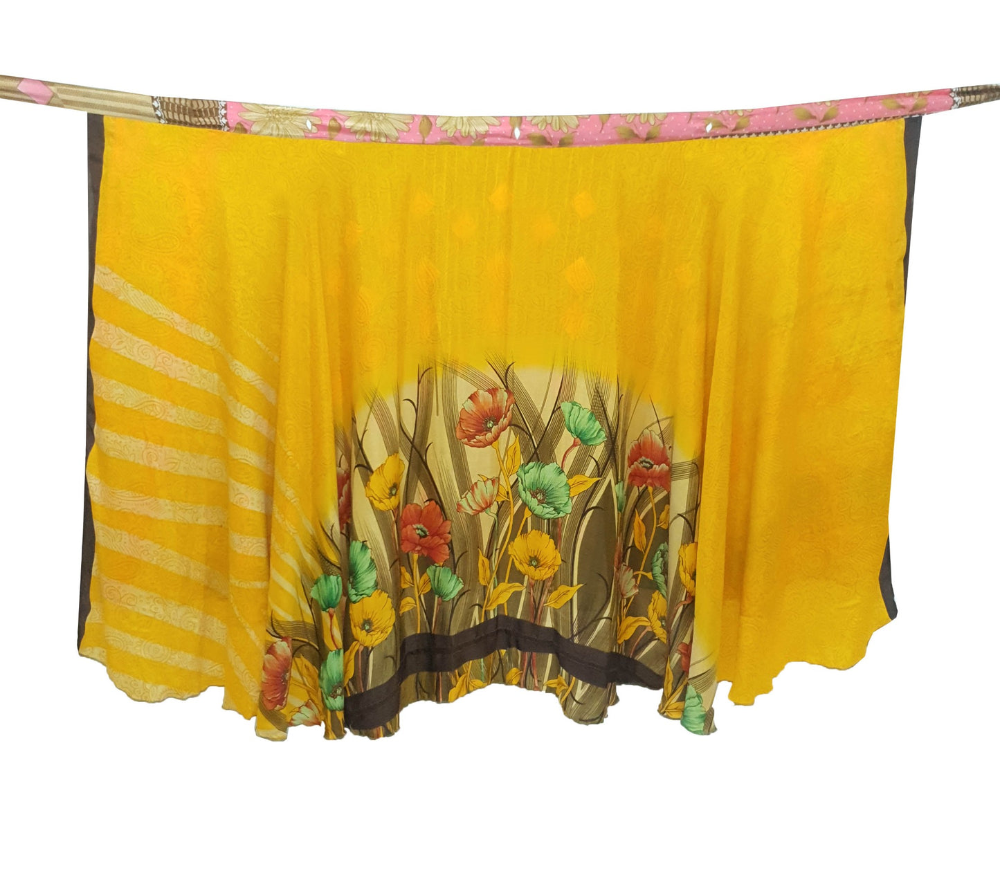 Sushila Vtg Floral Yellow Silk Saree Magic Wrap Reversible Skirt Beach Dress