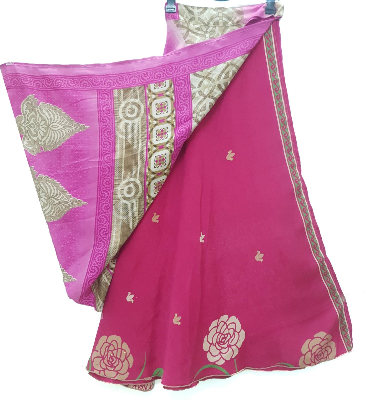 Sushila Vintage Pink Silk Saree Magic Wrap Reversible Skirt 2 Layer Beach Dress