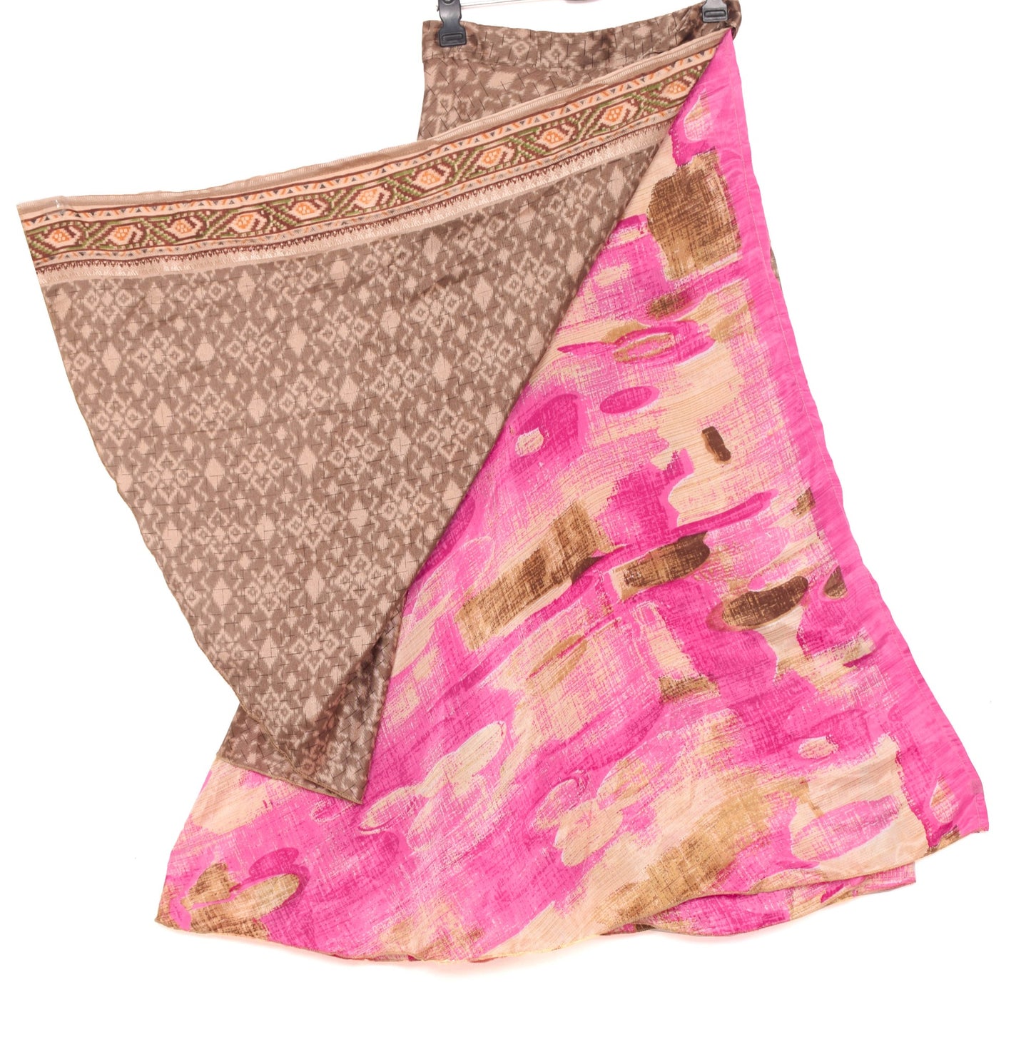 Sushila Vintage Brown Silk Saree Magic Wrap Reversible Skirt 2Layer Beach Dress