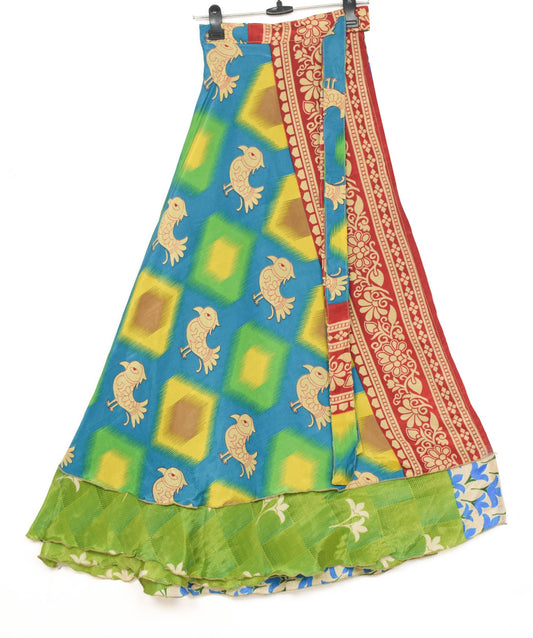 Sushila Vintage Green Silk Saree Magic Wrap Reversible Skirt Birds Beach Dress