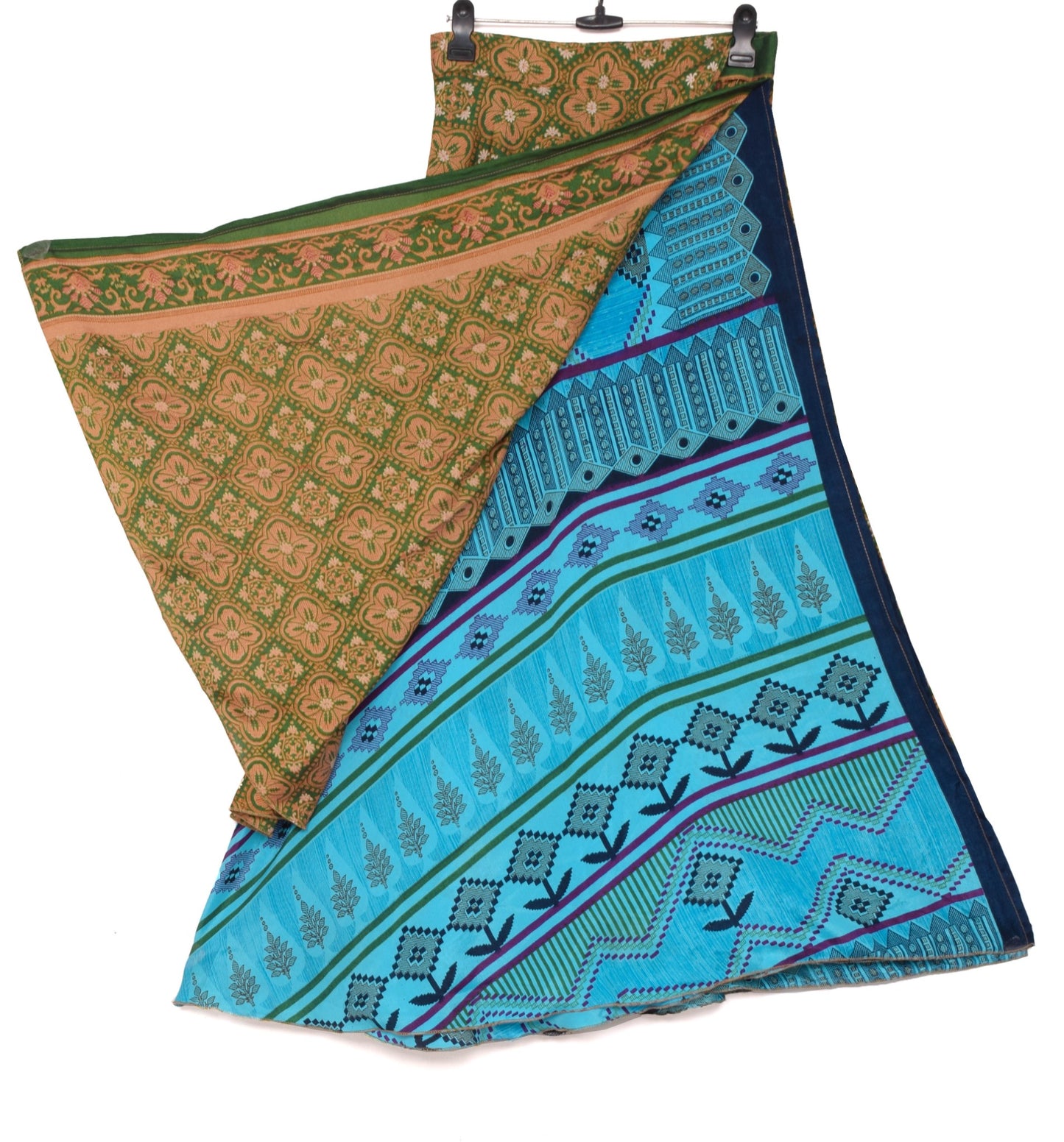 Sushila Vintage Silk Saree Magic Wrap Reversible Skirt Blue & Green Beach Dress