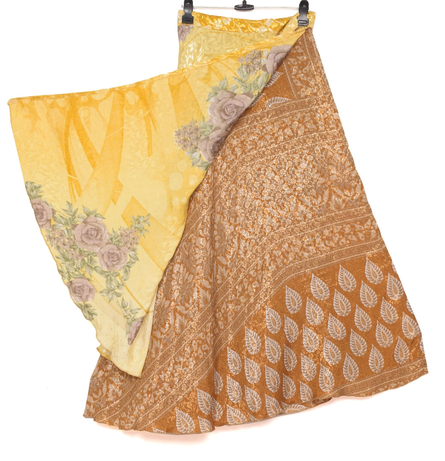 Sushila Vintage Silk Saree Magic Wrap Reversible Skirt Brown Yellow Beach Dress