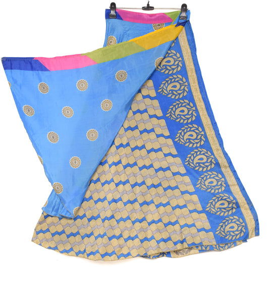 Sushila Vintage Blue Silk Saree Magic Wrap Reversible Skirt Beach Dress