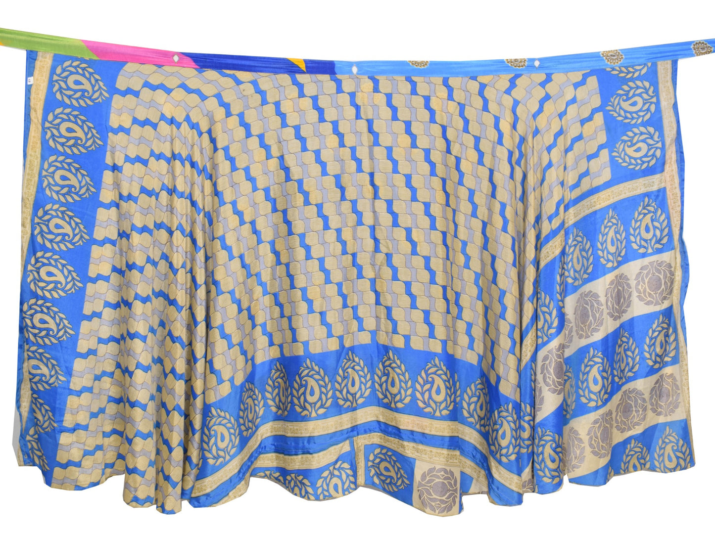 Sushila Vintage Blue Silk Saree Magic Wrap Reversible Skirt Beach Dress