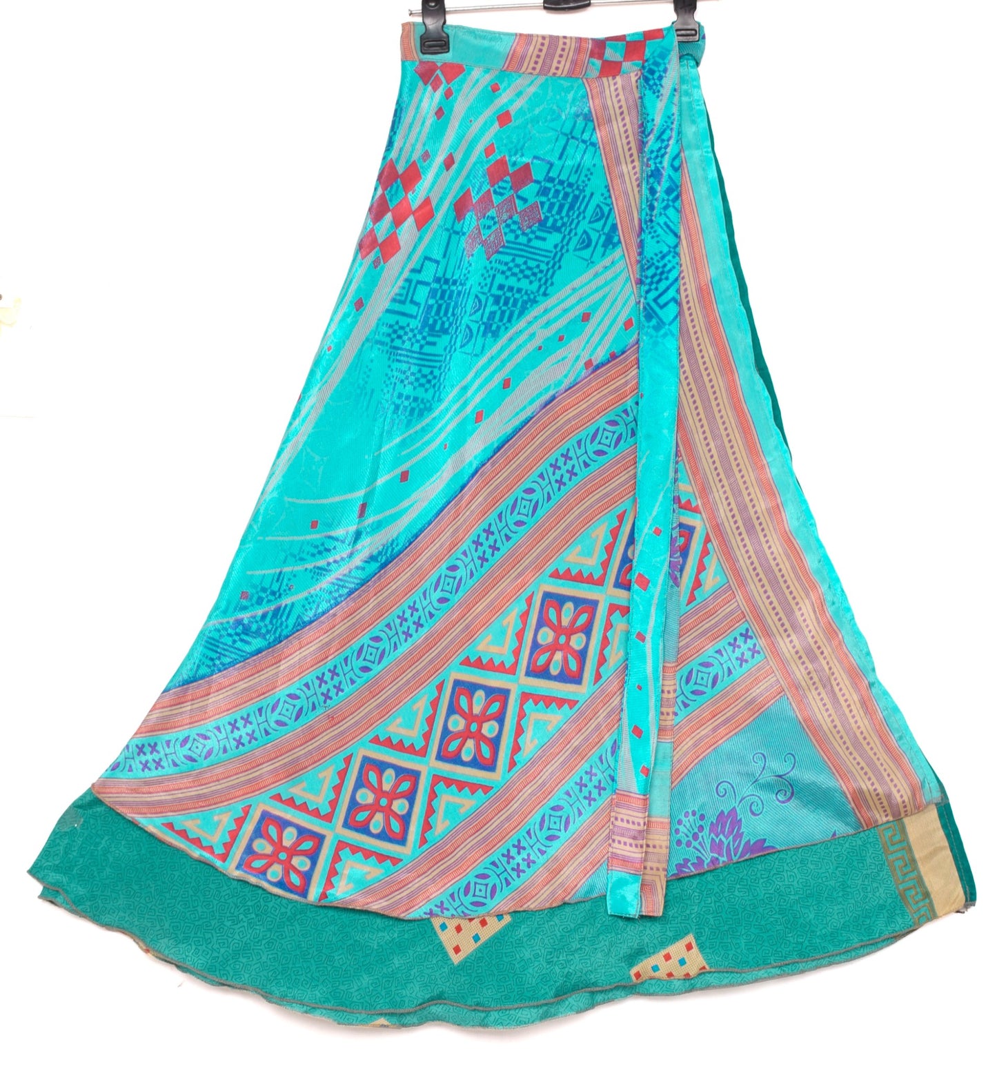 Sushila Vintage Aqua Green Silk Saree Magic Wrap Reversible Skirt Beach Dress