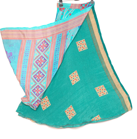 Sushila Vintage Aqua Green Silk Saree Magic Wrap Reversible Skirt Beach Dress