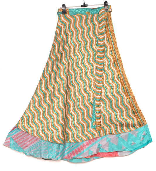 Sushila Vintage Art Silk Saree Magic Wrap Reversible Skirt Printed Beach Dress