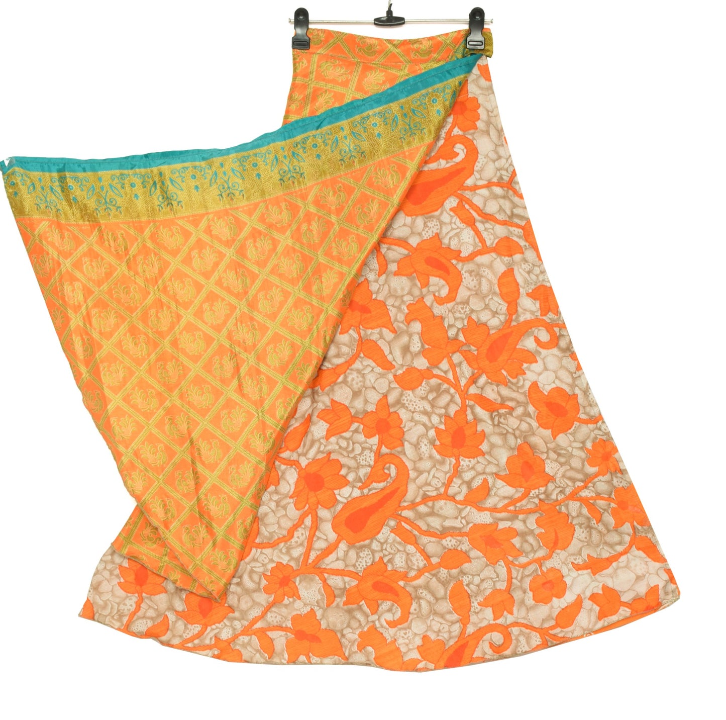 Sushila Vintage Orange Silk Saree Magic Wrap Reversible Skirt Beach Dress Hippie