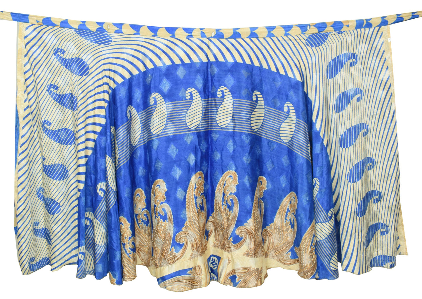 Sushila Vintage Cream Blue Silk Saree Magic Wrap Reversible Skirt Beach Dress