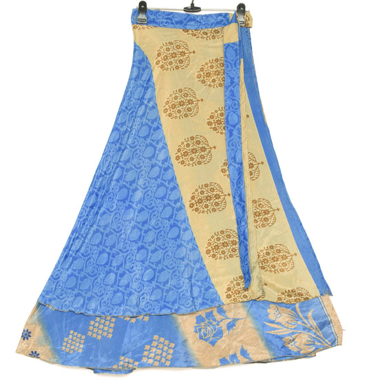 Sushila Vintage Blue Silk Saree Magic Wrap Reversible Skirt Printed Beach Dress