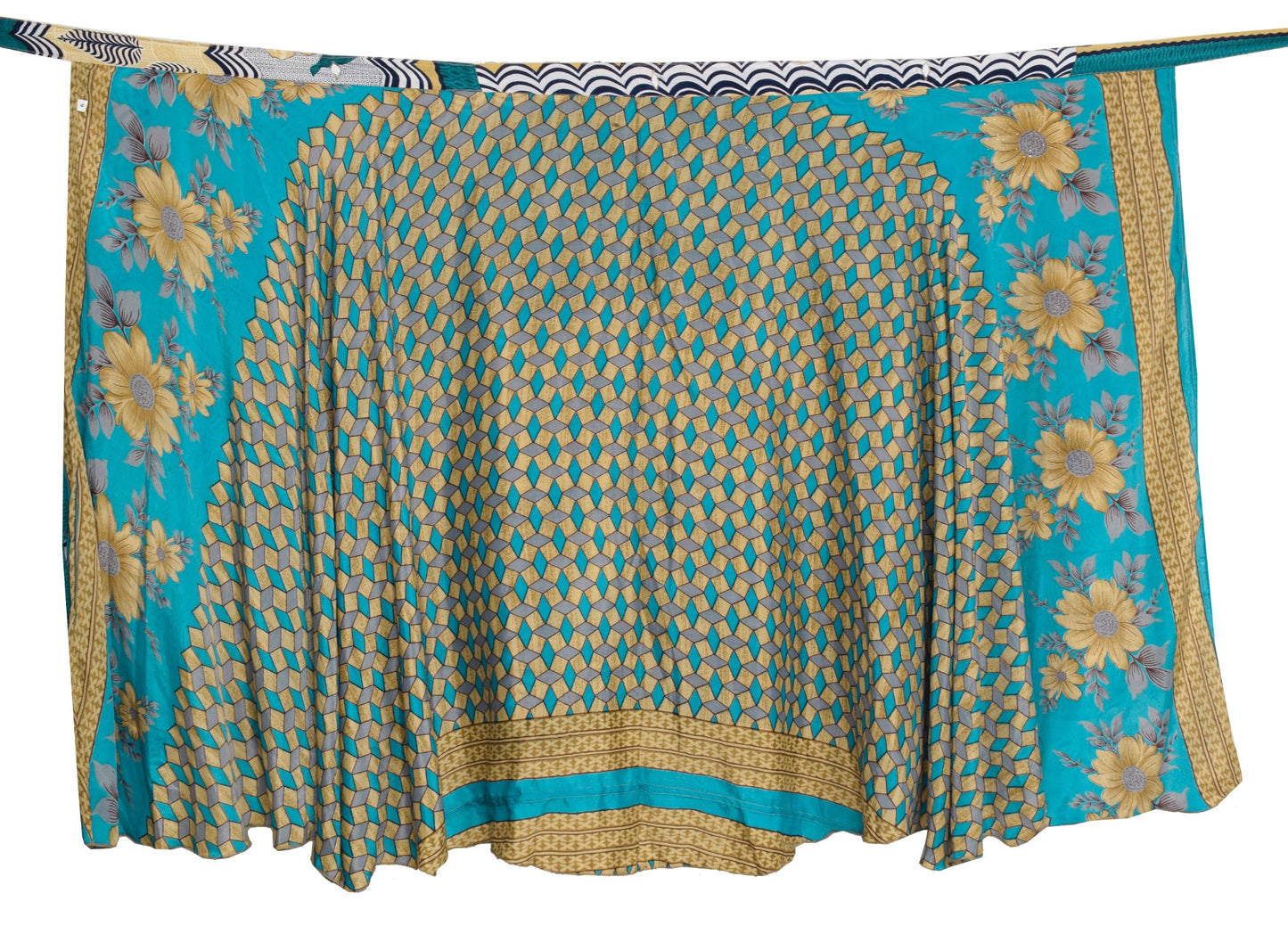 Sushila Vintage Geometrical Silk Saree Magic Wrap Reversible Skirt Beach Dress