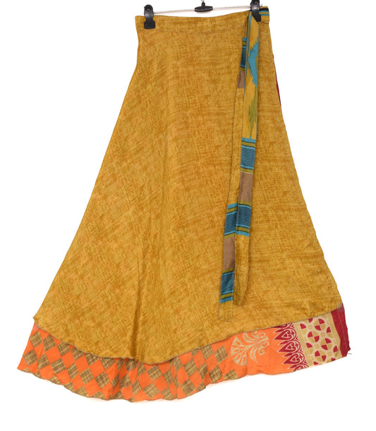 Sushila Vintage Mustard Silk Saree Magic Wrap Reversible Skirt Beach Dress Boho