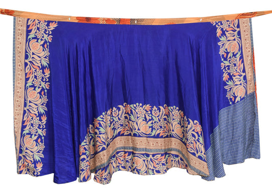 Sushila Vintage Blue Silk Saree Magic Wrap Reversible Skirt Floral Beach Dress