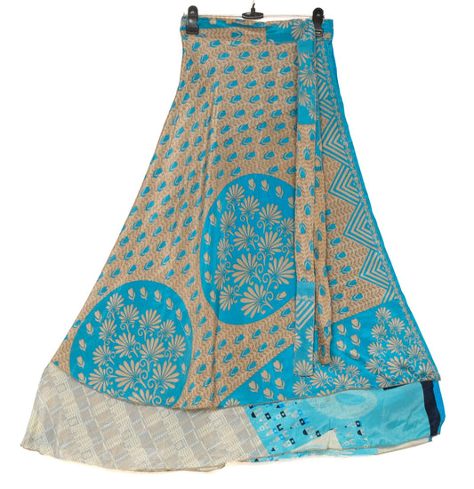 Sushila Vintage Blue Art Silk Saree Magic Wrap Reversible Skirt Beach Dress