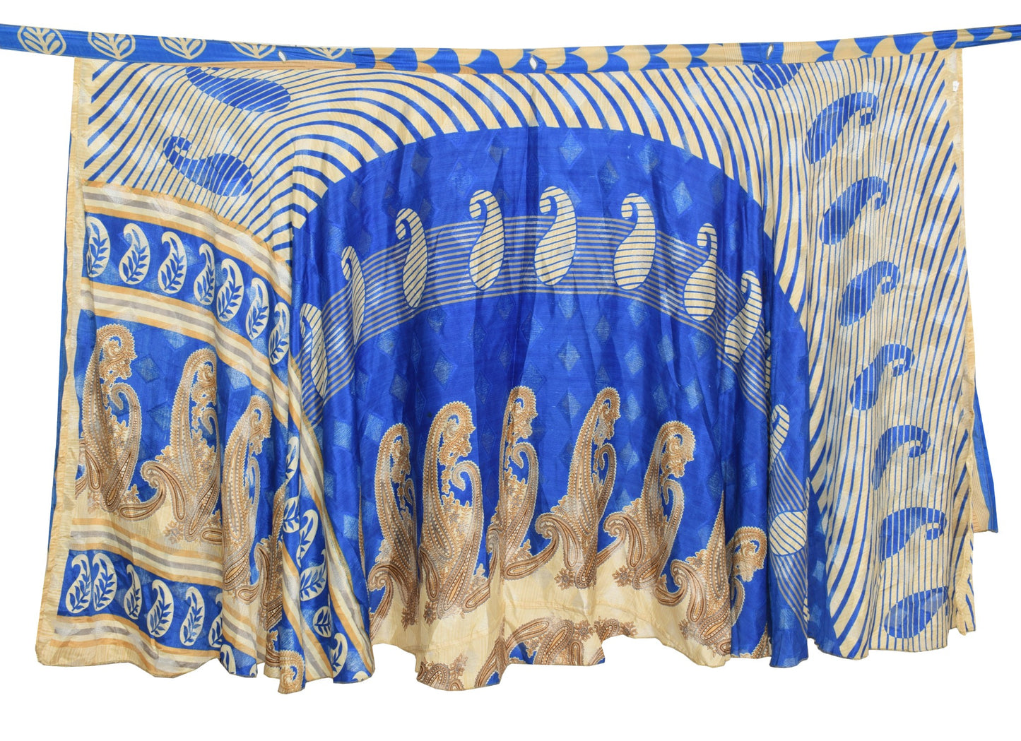 Sushila Vintage Cream Blue Silk Saree Magic Wrap Reversible Skirt Beach Dress