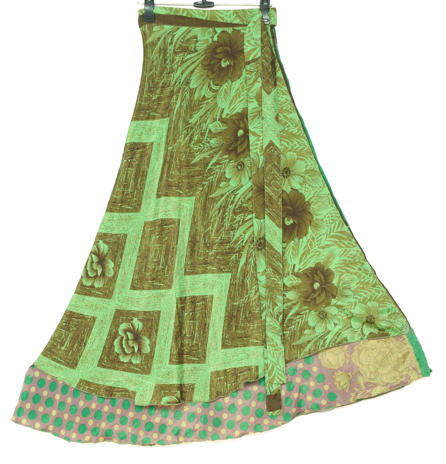 Sushila Vintage Green Silk Saree Magic Wrap Reversible Skirt Floral Beach Dress