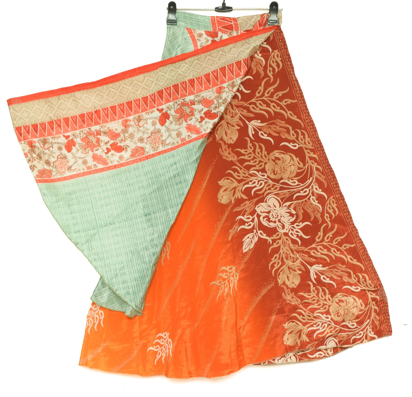 Sushila Vintage Green Silk Saree Magic Wrap Reversible Skirt Orange Beach Dress