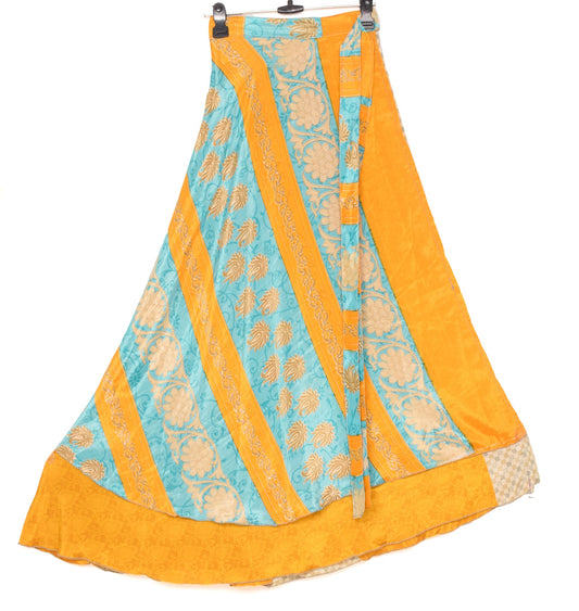 Sushila Vintage Art Silk Saree Yellow Magic Wrap Reversible Skirt Beach Dress