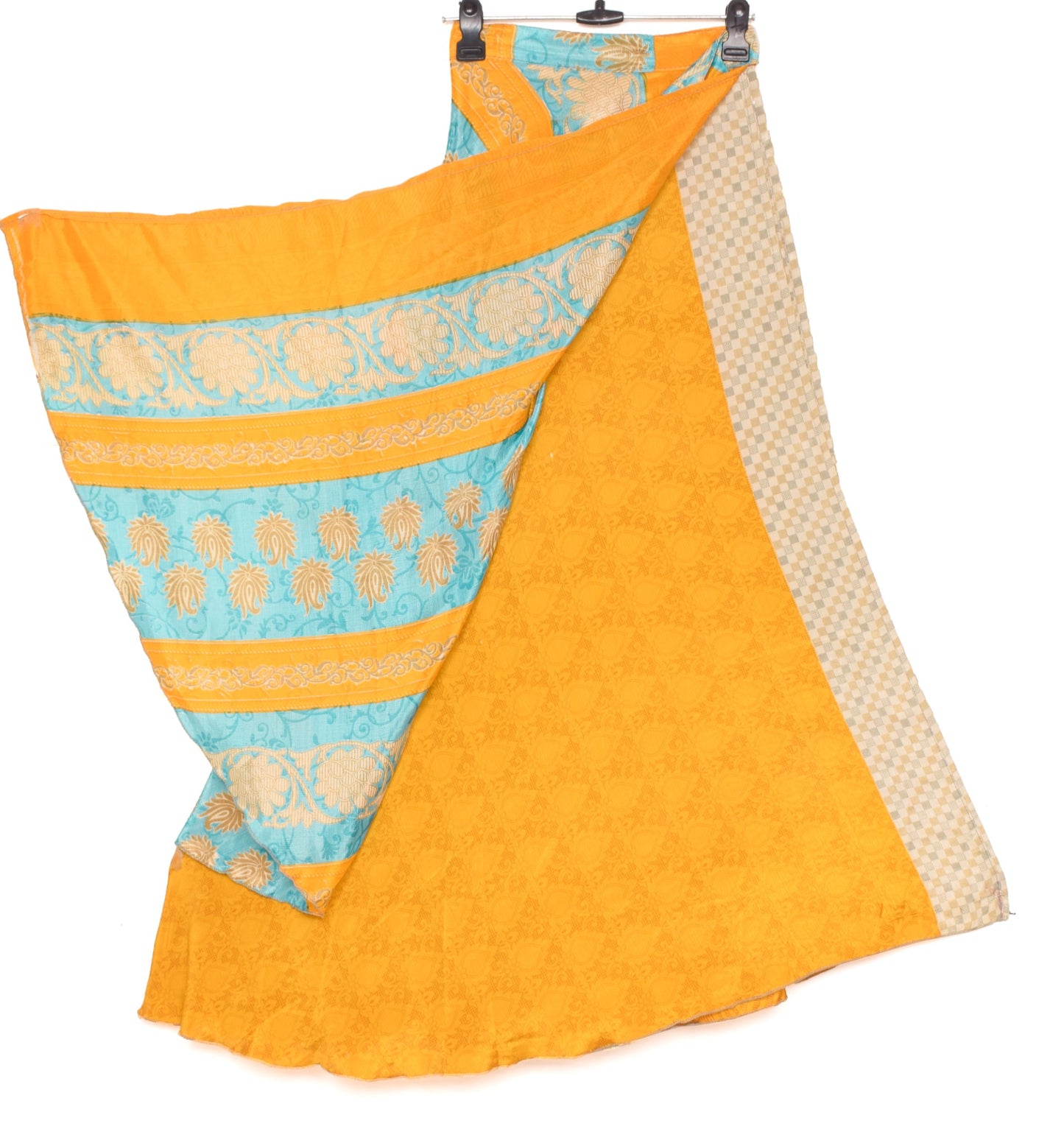 Sushila Vintage Art Silk Saree Yellow Magic Wrap Reversible Skirt Beach Dress