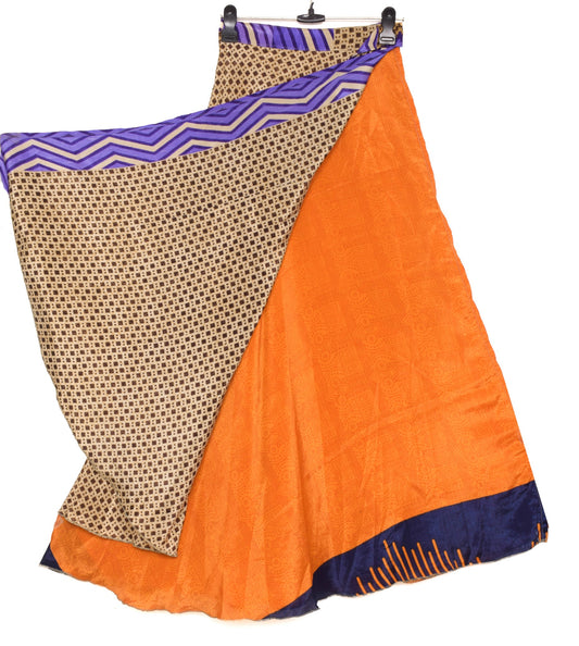 Sushila Vintage Art Silk Saree Orange Magic Wrap Reversible Skirt Beach Dress