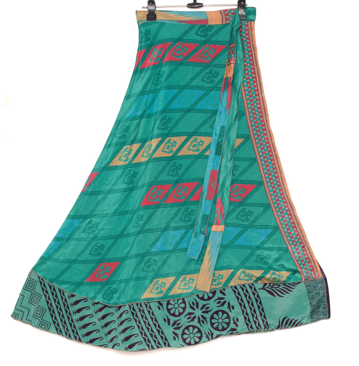 Sushila Vintage Teal Green Silk Saree Magic Wrap Reversible Skirt Beach Dress