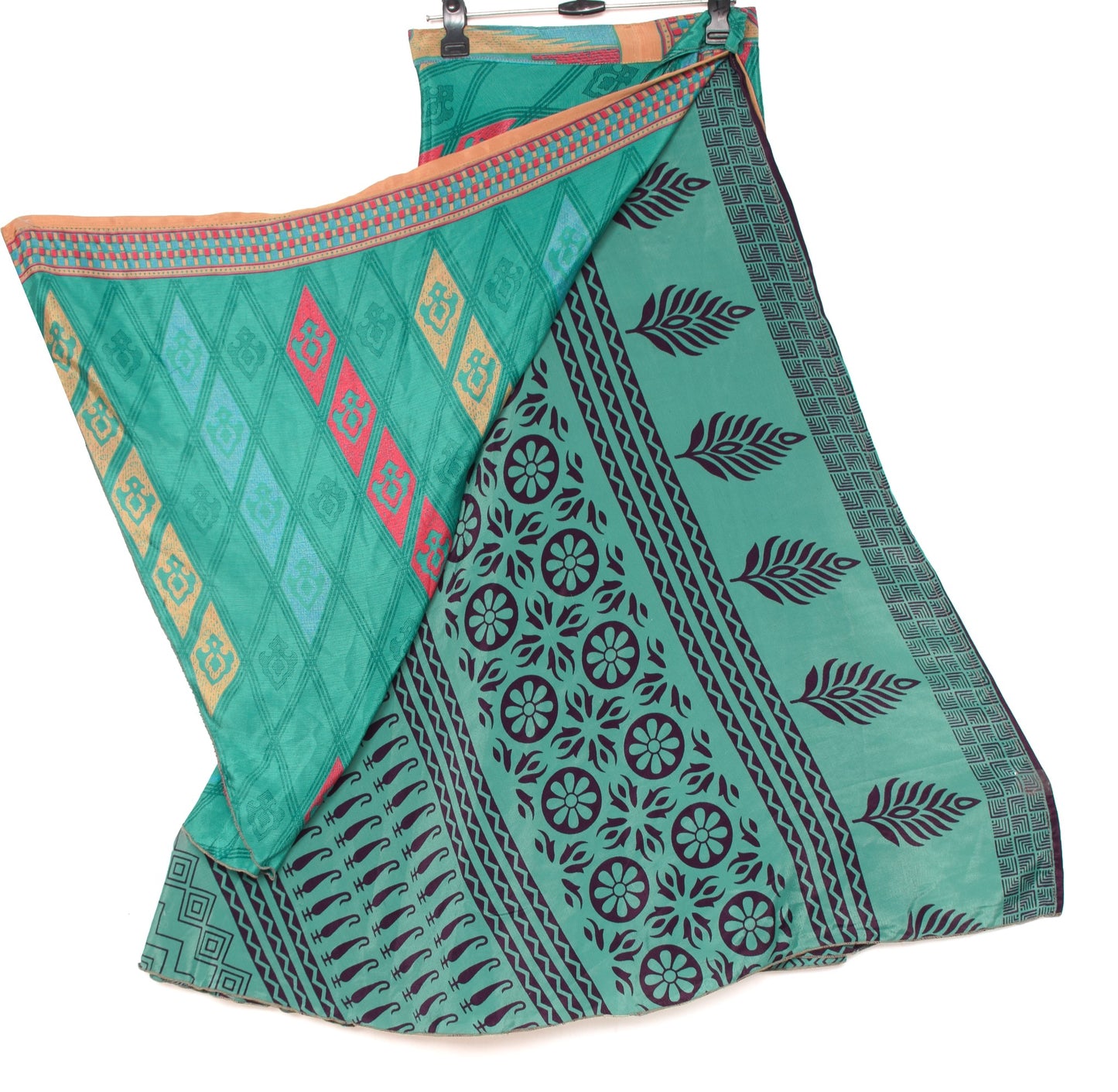 Sushila Vintage Teal Green Silk Saree Magic Wrap Reversible Skirt Beach Dress