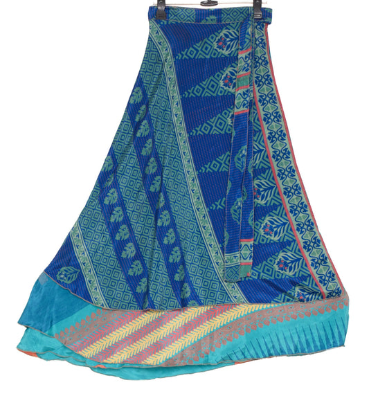 Sushila Vintage Floral Blue Silk Saree Magic Wrap Reversible Skirt Beach Dress