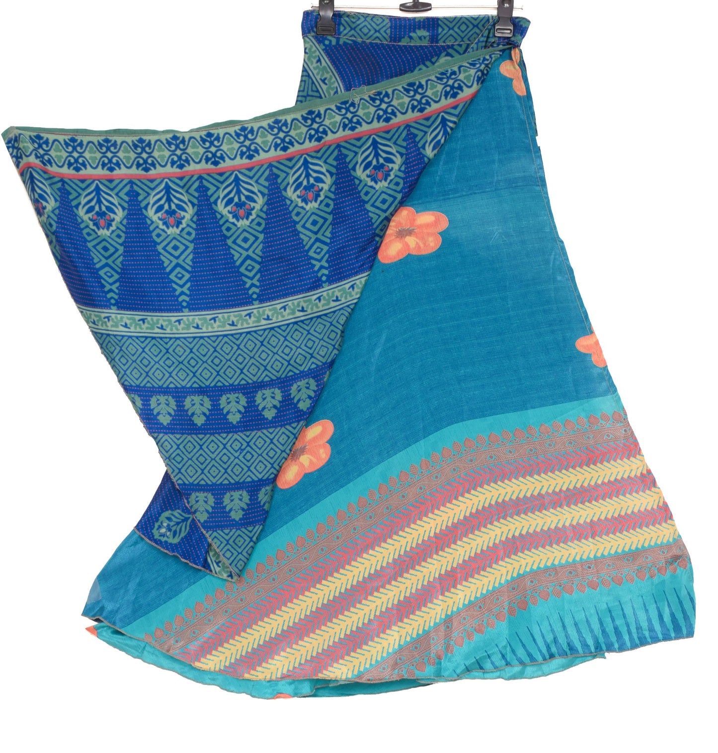 Sushila Vintage Floral Blue Silk Saree Magic Wrap Reversible Skirt Beach Dress