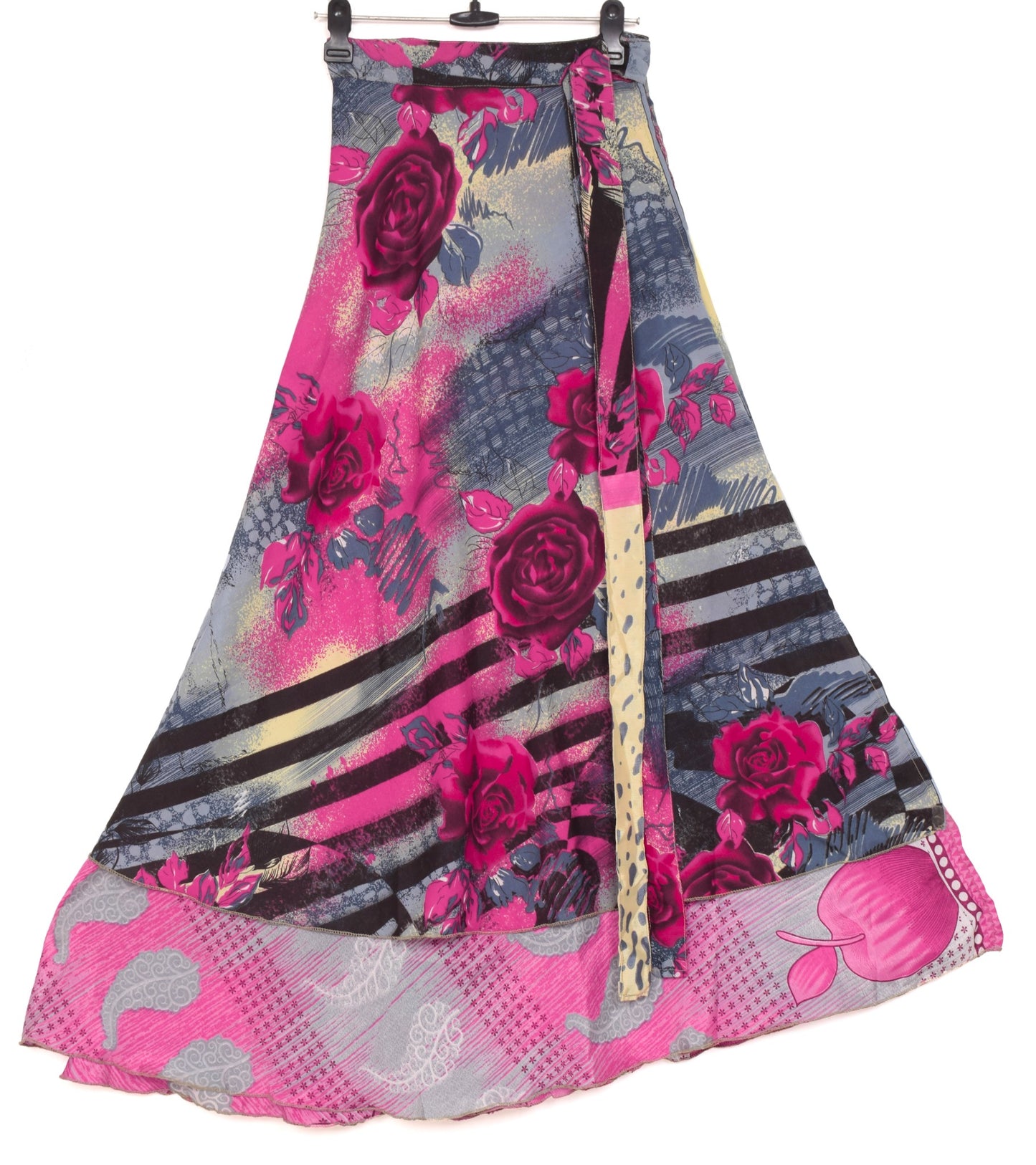 Sushila Vintage Pink & Gray Silk Saree Magic Wrap Reversible Skirt Beach Dress