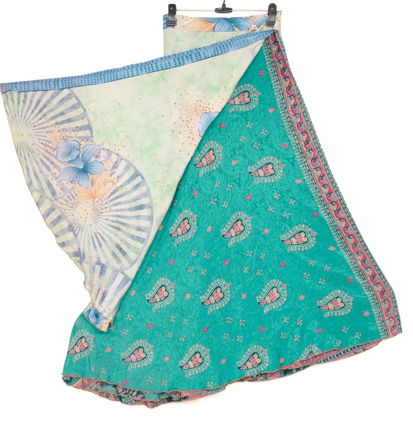 Sushila Vintage Silk Saree Magic Wrap Teal Green Reversible Skirt Beach Dress