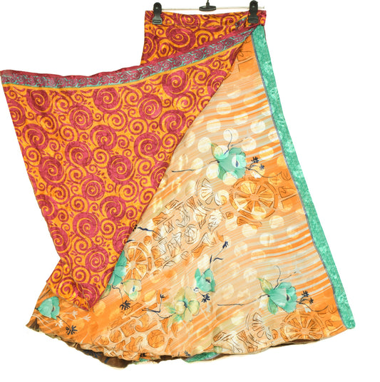 Sushila Vintage Orange Art Silk Saree Magic Wrap Reversible Skirt Beach Dress