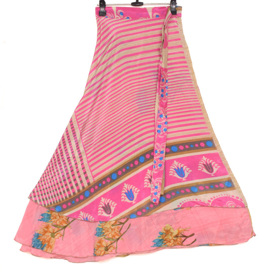 Sushila Vintage Art Silk Saree Pink Magic Wrap Reversible Skirt Beach Dress