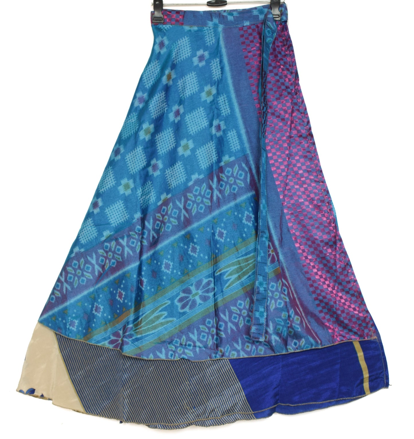 Sushila Vintage Blue  Silk Saree Magic Wrap Reversible Skirt Beach Dress Hippie